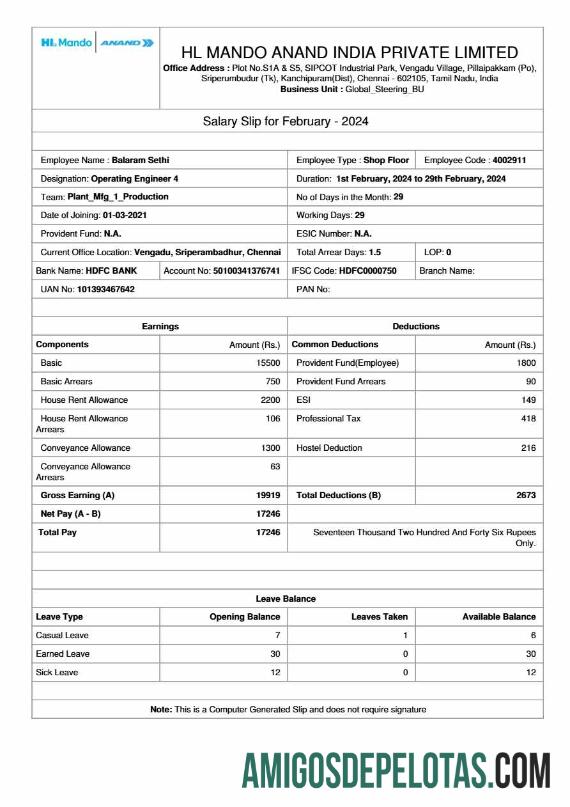 Para download Modelo de comprovante de salário do fabricante HL Mando Anand Índia em formatos Word e PDF.pdf, 1